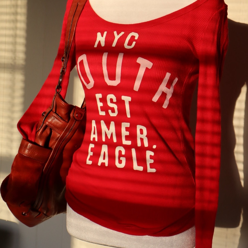 American Eagle Outfitters Red Ribbed Long Sleeve Tee with White NYC Graphic